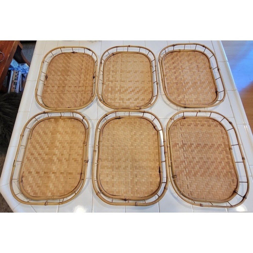 Vtg Lot of 6 Bamboo Serving Trays Woven Rattan Wicker Tiki Bar MCM Boho 9x12"